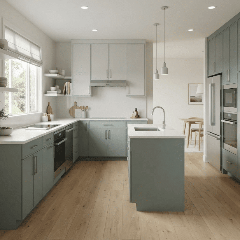 eucalyptus green base pale gray cabinets