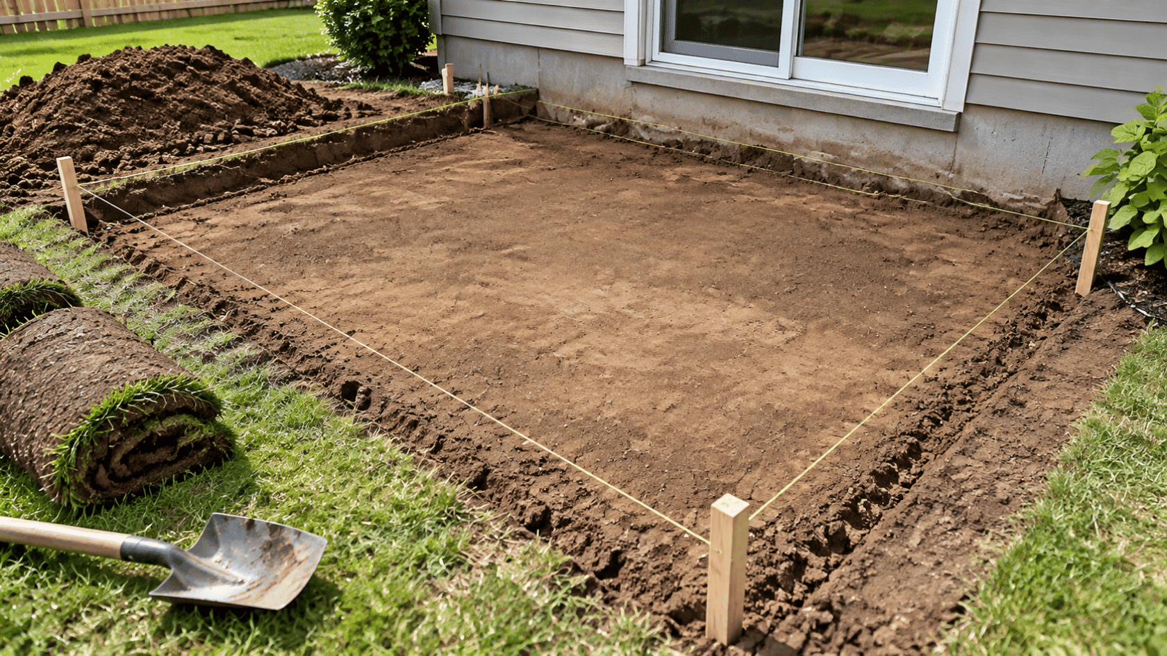 Excavated patio site marked with string lines showing first phase of a diy concrete patio preparation outdoors today