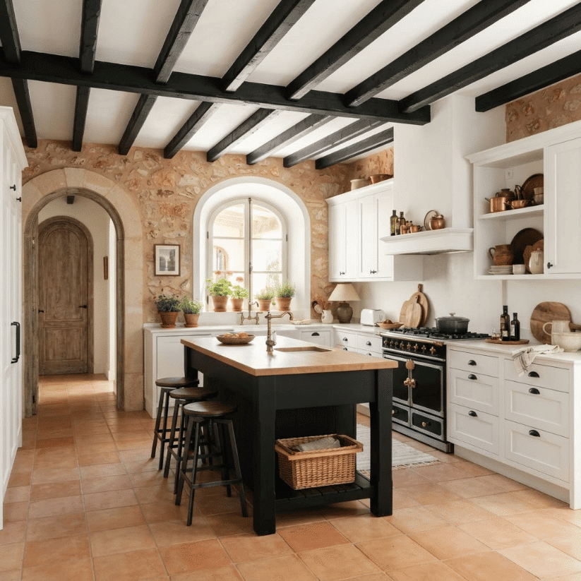 exposed matte black ceiling beams