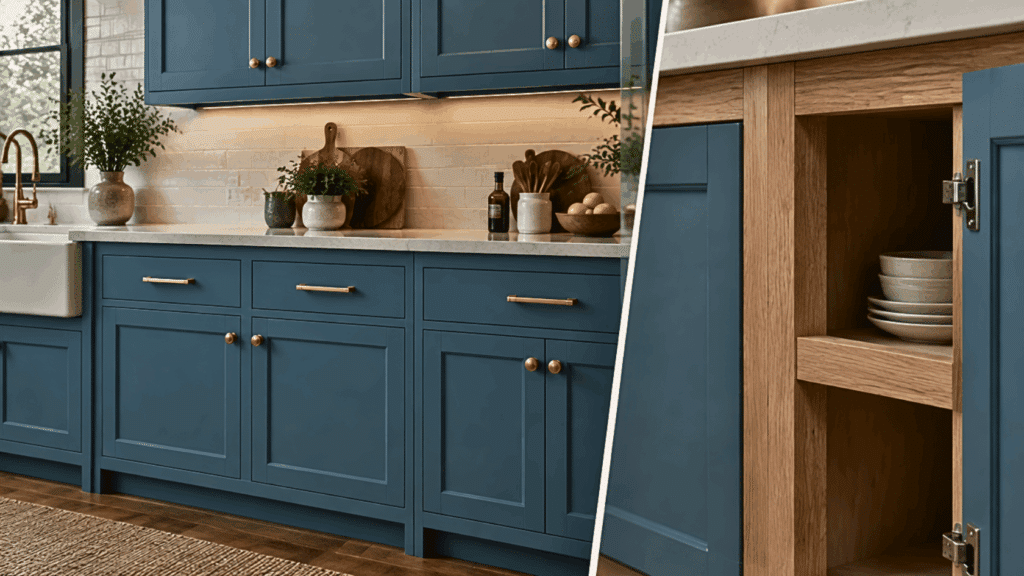 Green kitchen with face frame cabinets, visible wood frames, shaker doors, brass handles, and open cabinet structure.