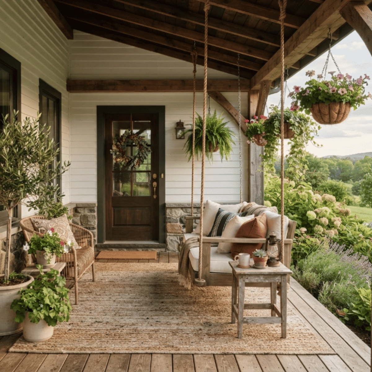 Farmhouse covered porch with wooden swing, cushions, and rustic outdoor seating arrangement