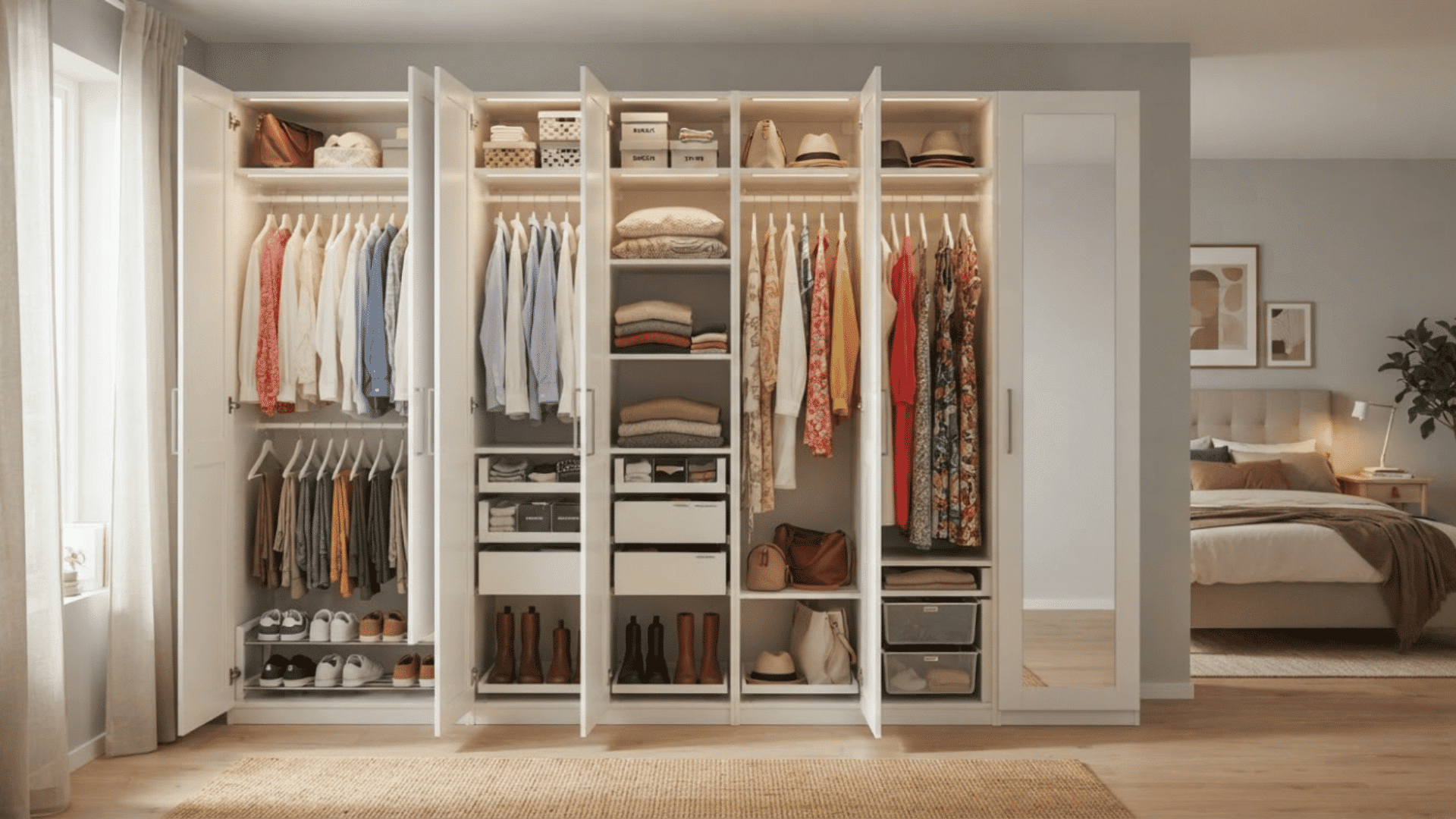 Finished IKEA PAX wardrobe with doors, drawers, and organized closet accessories.
