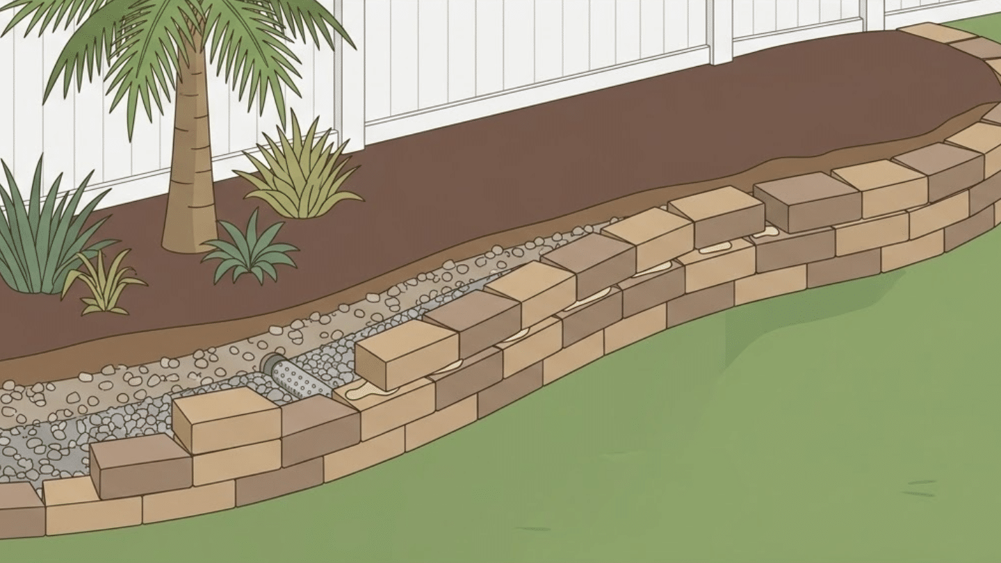 Final course of tan and brown blocks installed along the curved retaining wall