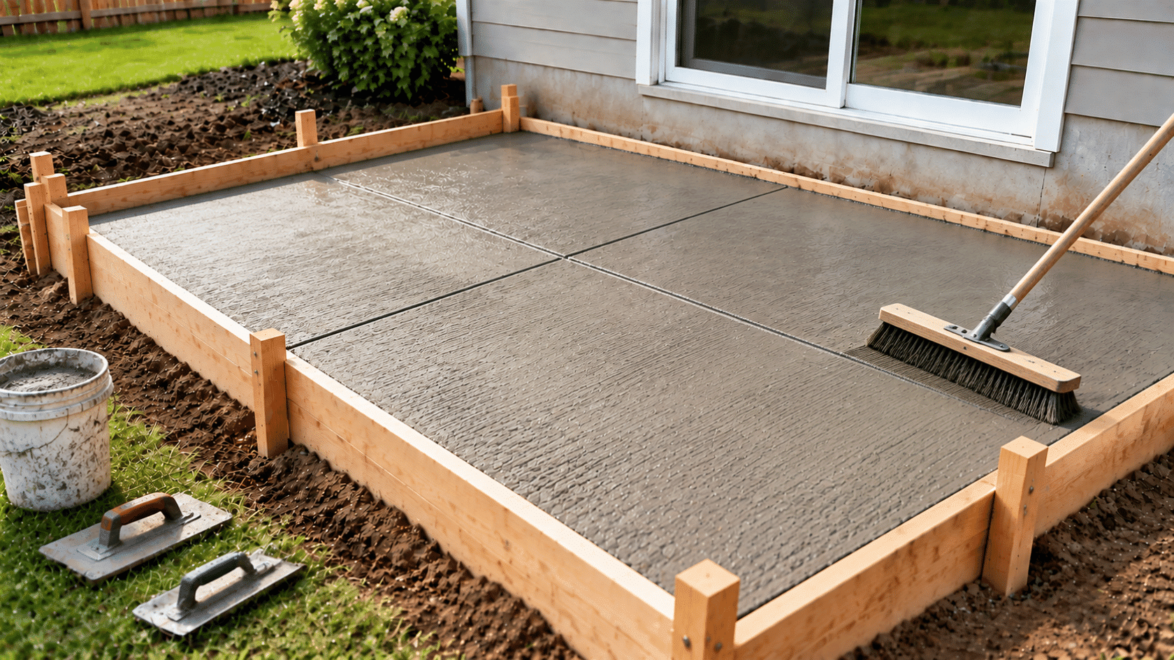 Broom finished concrete slab with control joints completed during a diy concrete patio project ready for outdoor use.