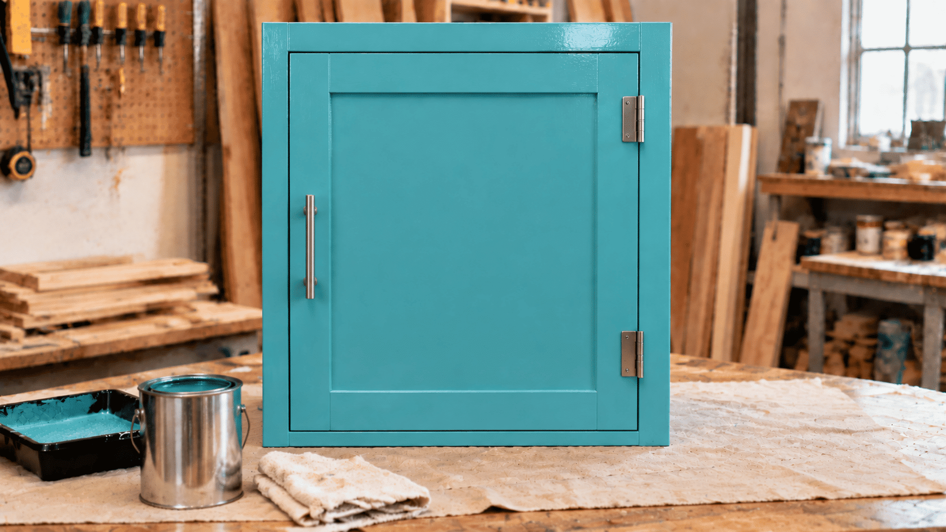 Finished wooden kitchen cabinets installed with doors, drawers, and handles in a modern kitchen
