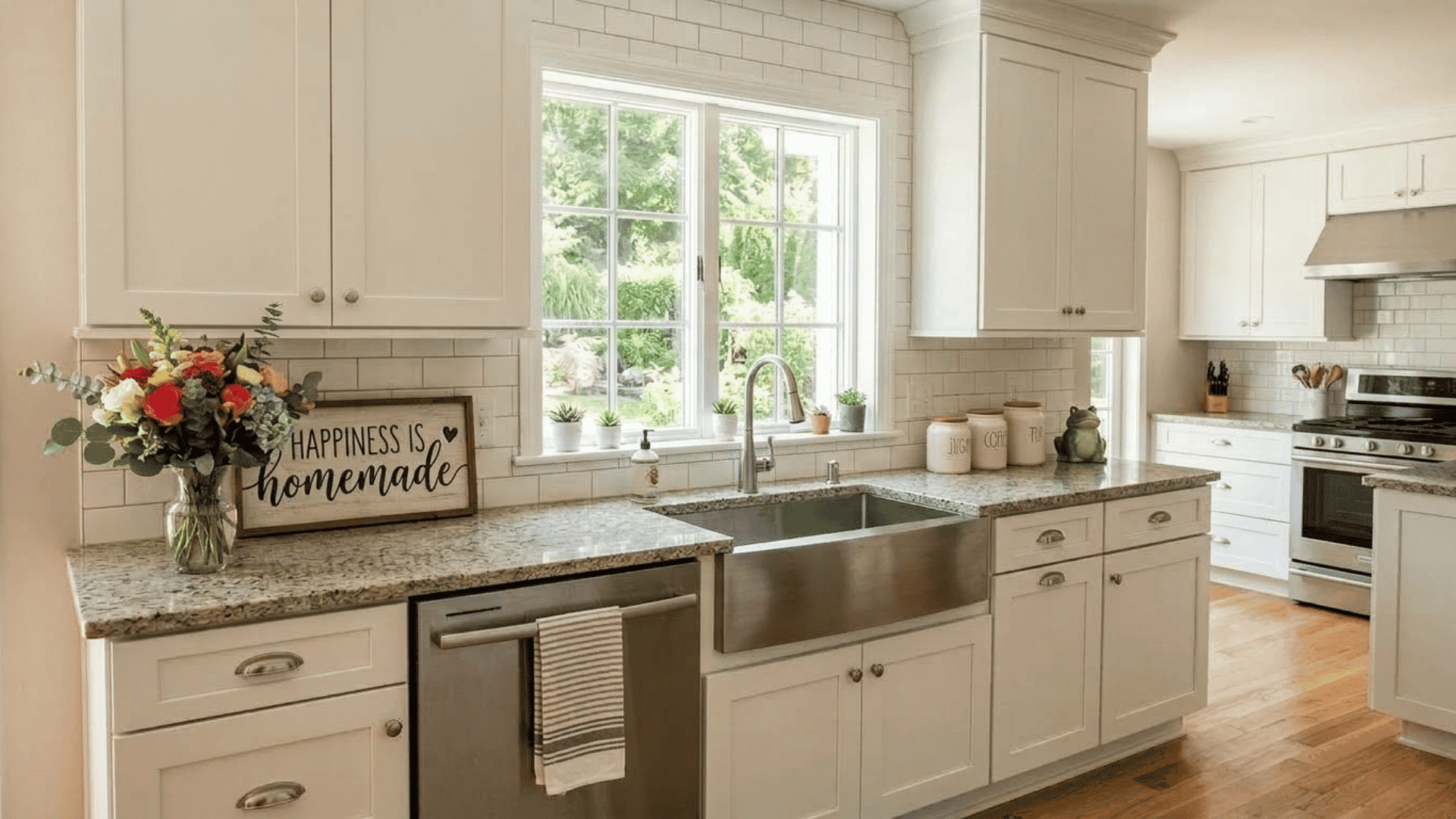 White recessed panel cabinet doors in a kitchen with granite counters, sink, drawers, and stainless steel appliances