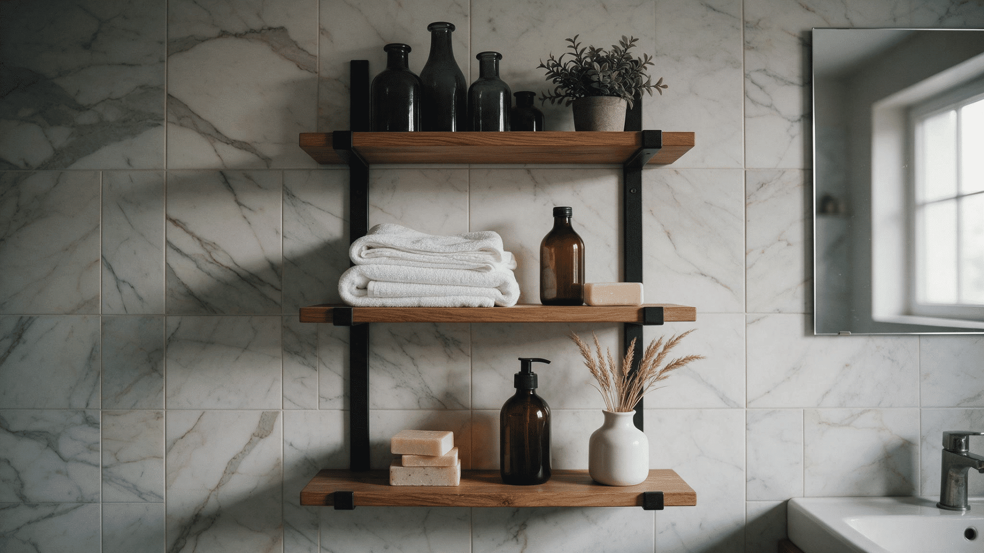 three-tier wooden bathroom shelves holding toiletries, soap, bottles, and decorative items against a tiled wall
