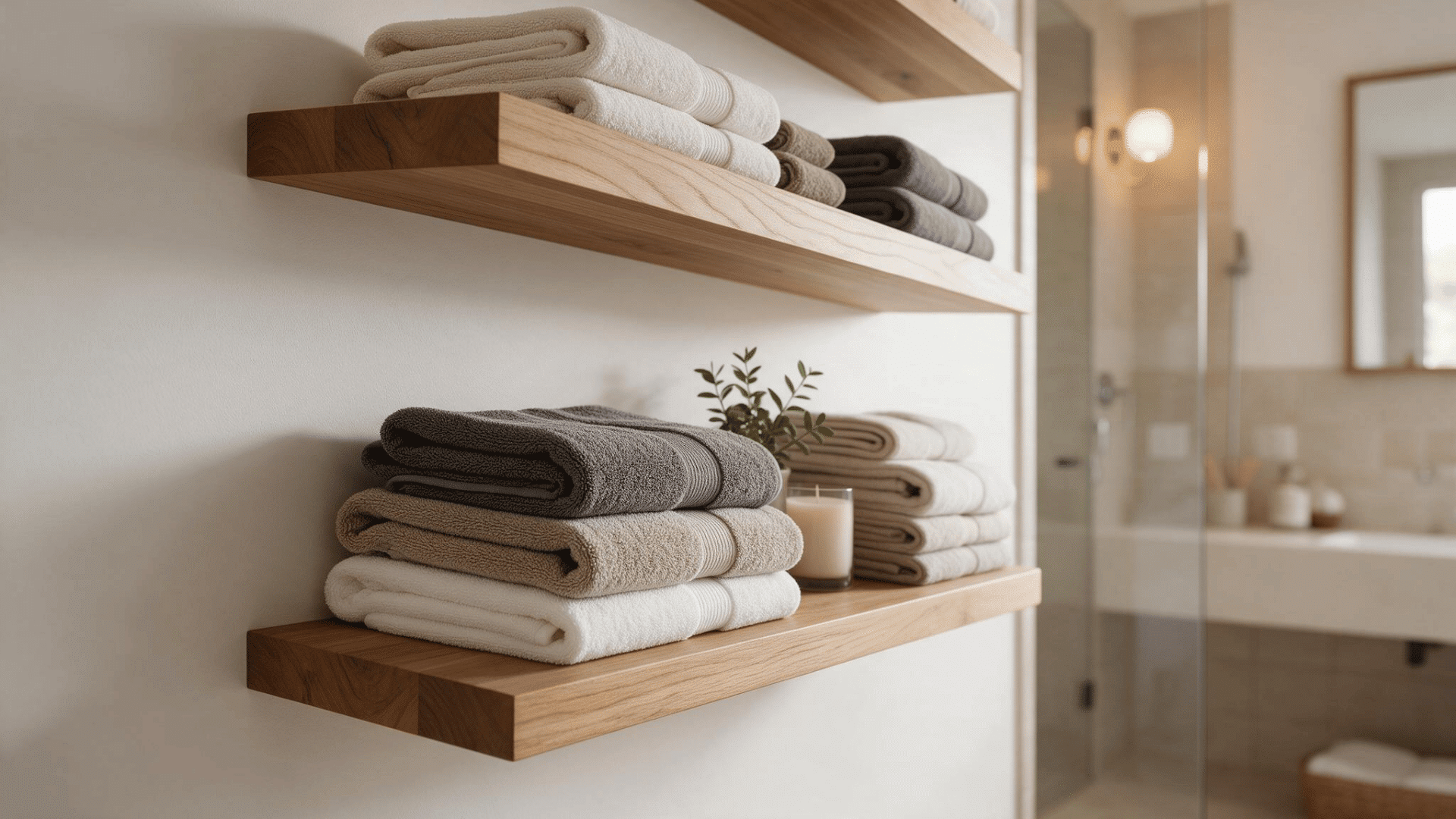 floating wooden bathroom shelves with neatly folded neutral towels, a candle, and a small plant