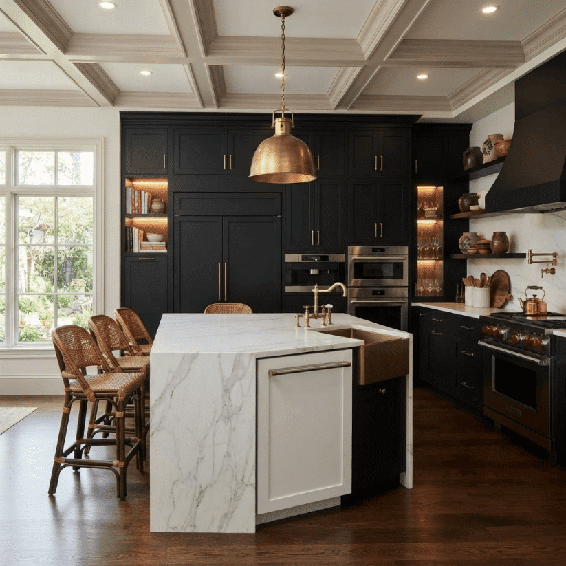floor to ceiling black storage wall