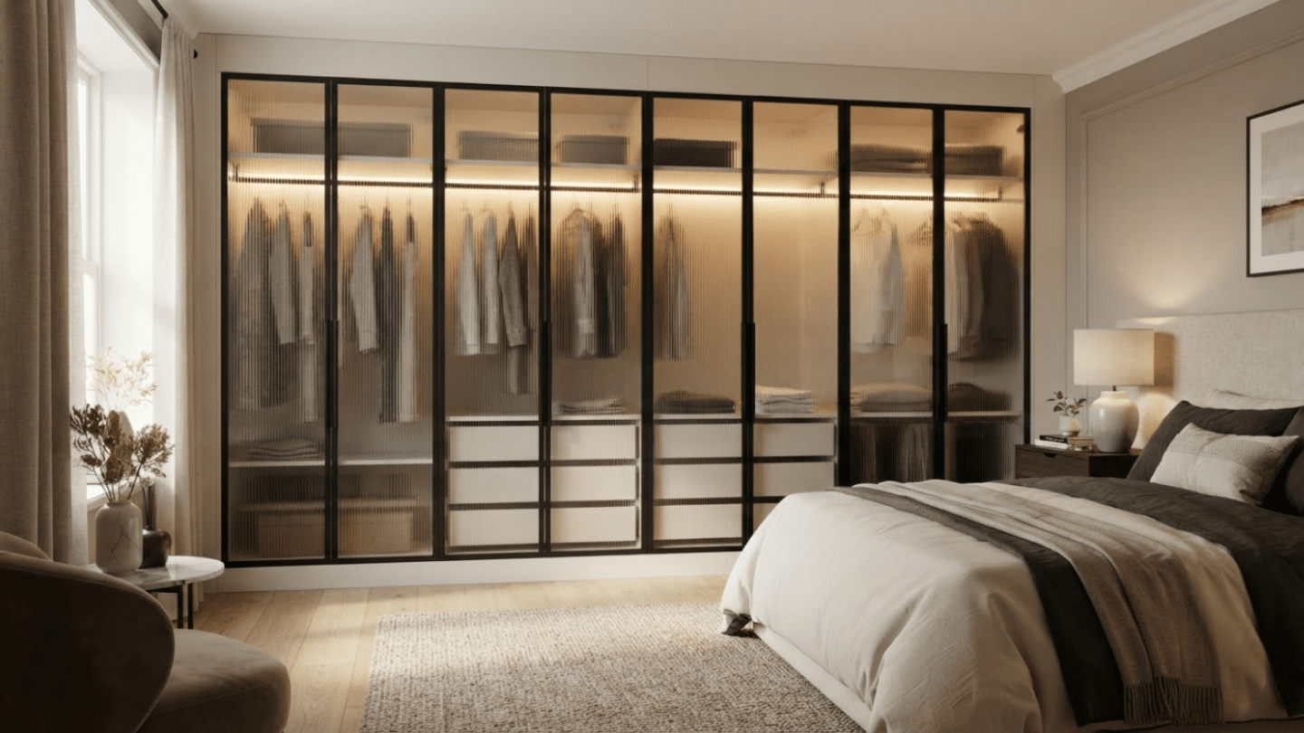 IKEA PAX wardrobe with fluted glass doors creating a textured, sophisticated luxury storage design