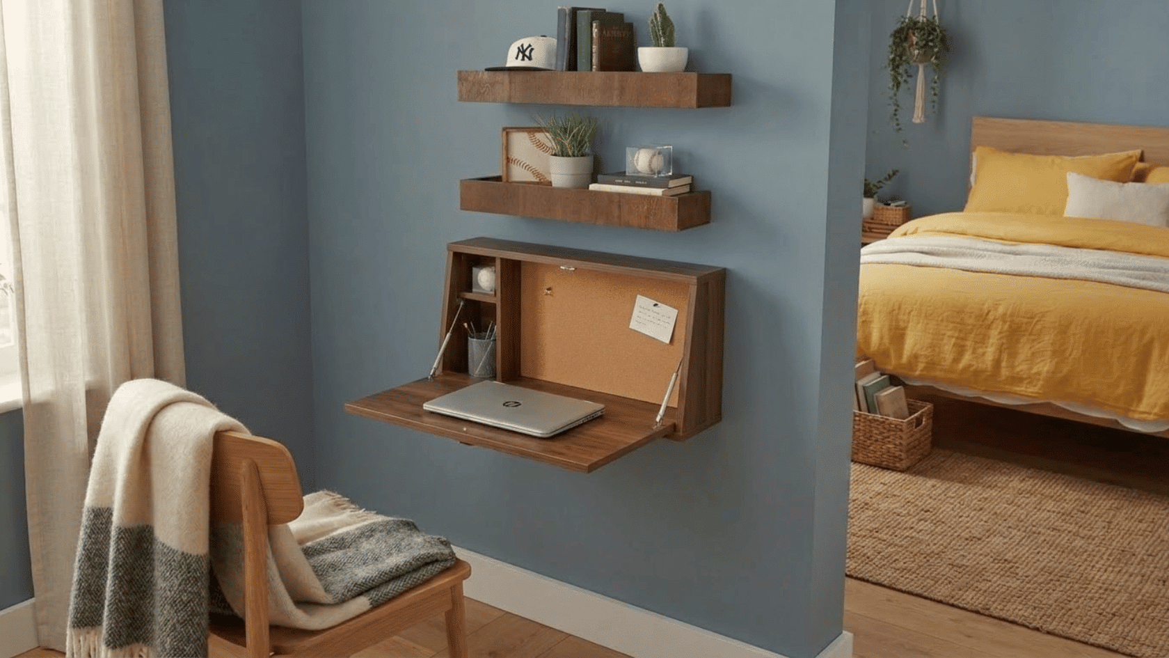 Fold down wall desk creates a workspace that closes flat, making it useful for bedrooms with limited available space