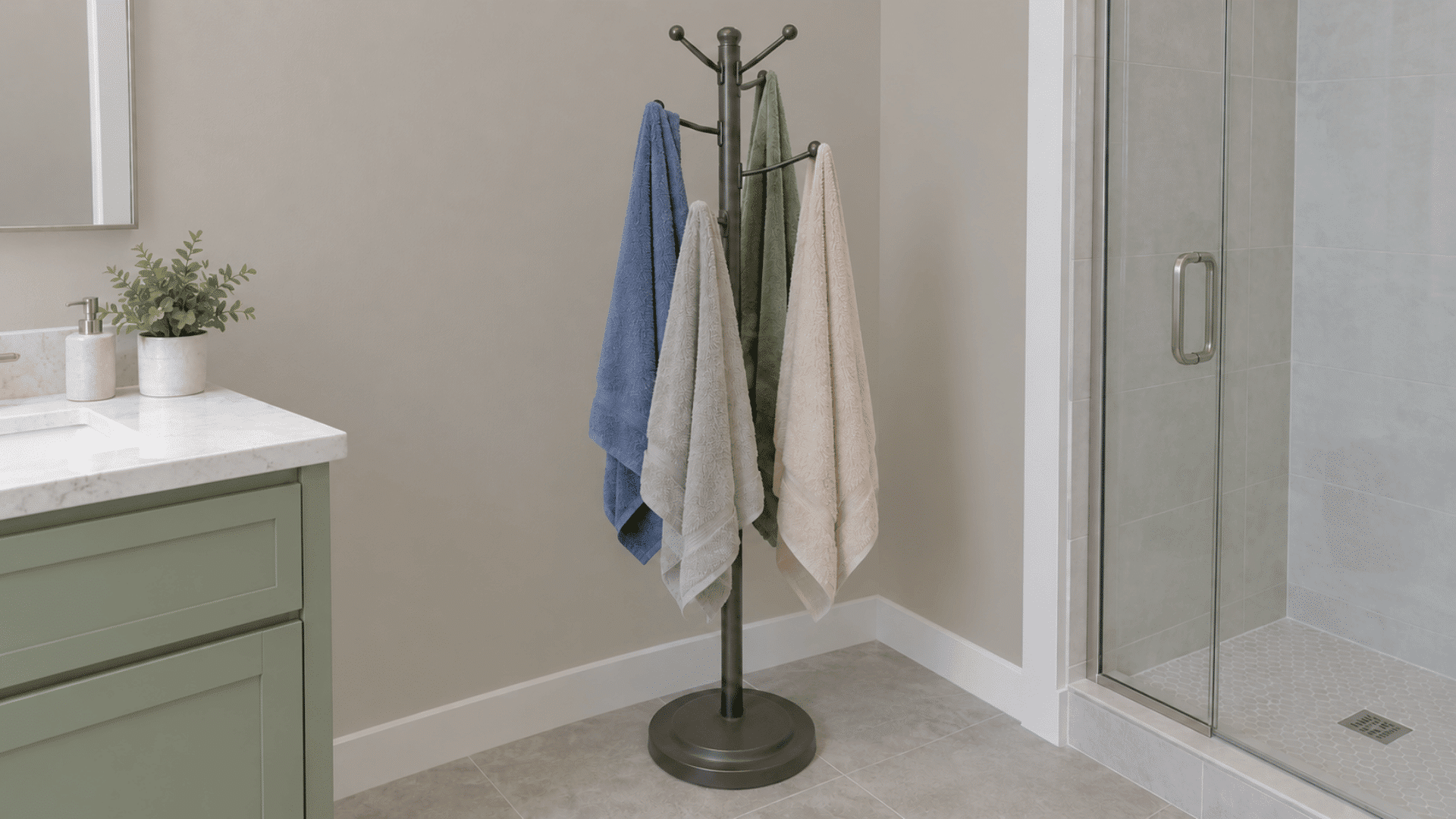 freestanding coat rack holding blue, green, gray, and white towels beside a bathroom vanity and glass shower