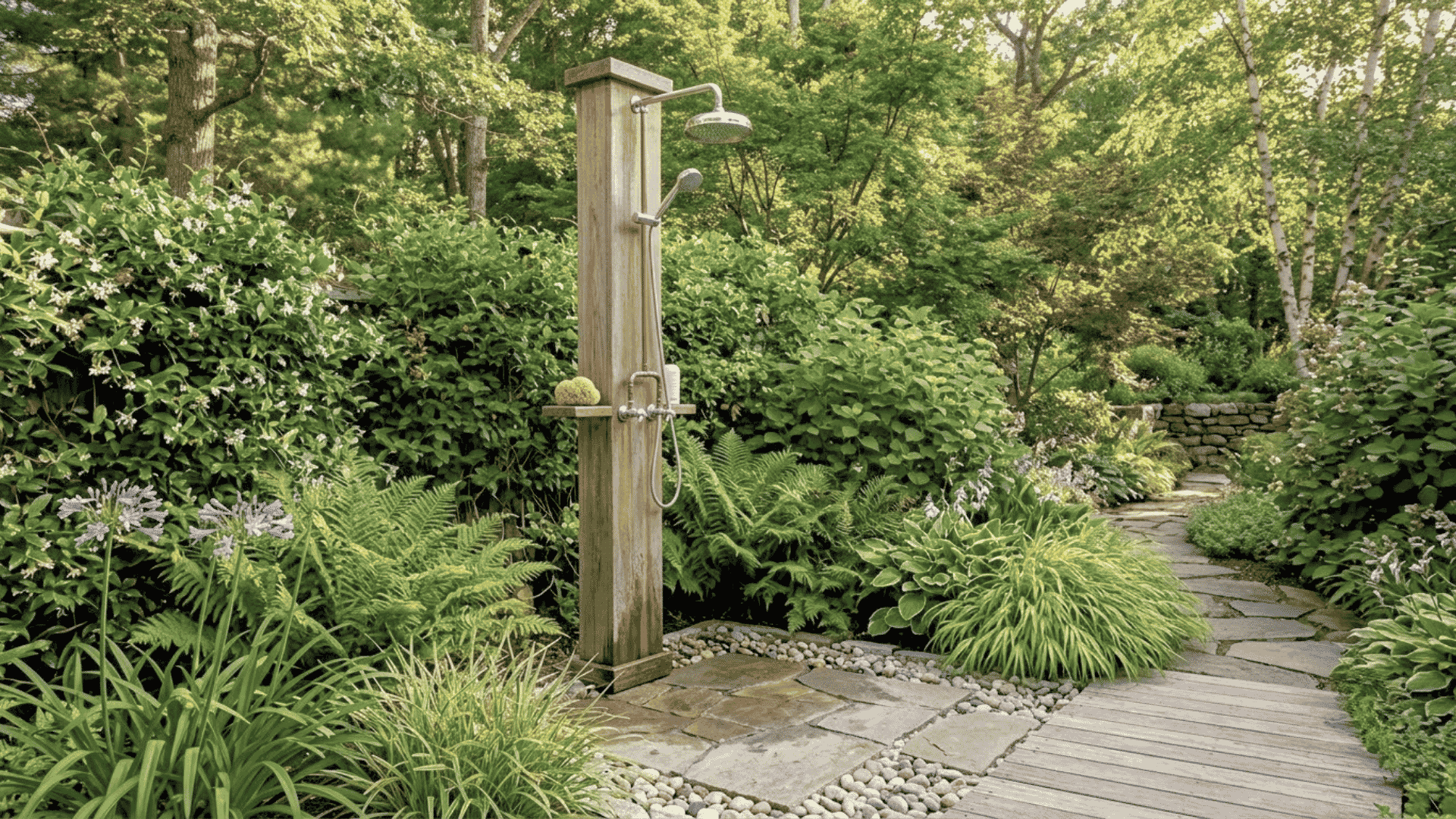 An outdoor garden shower with a wooden shower panel, stone flooring, lush greenery, ferns, and a landscaped pathway.