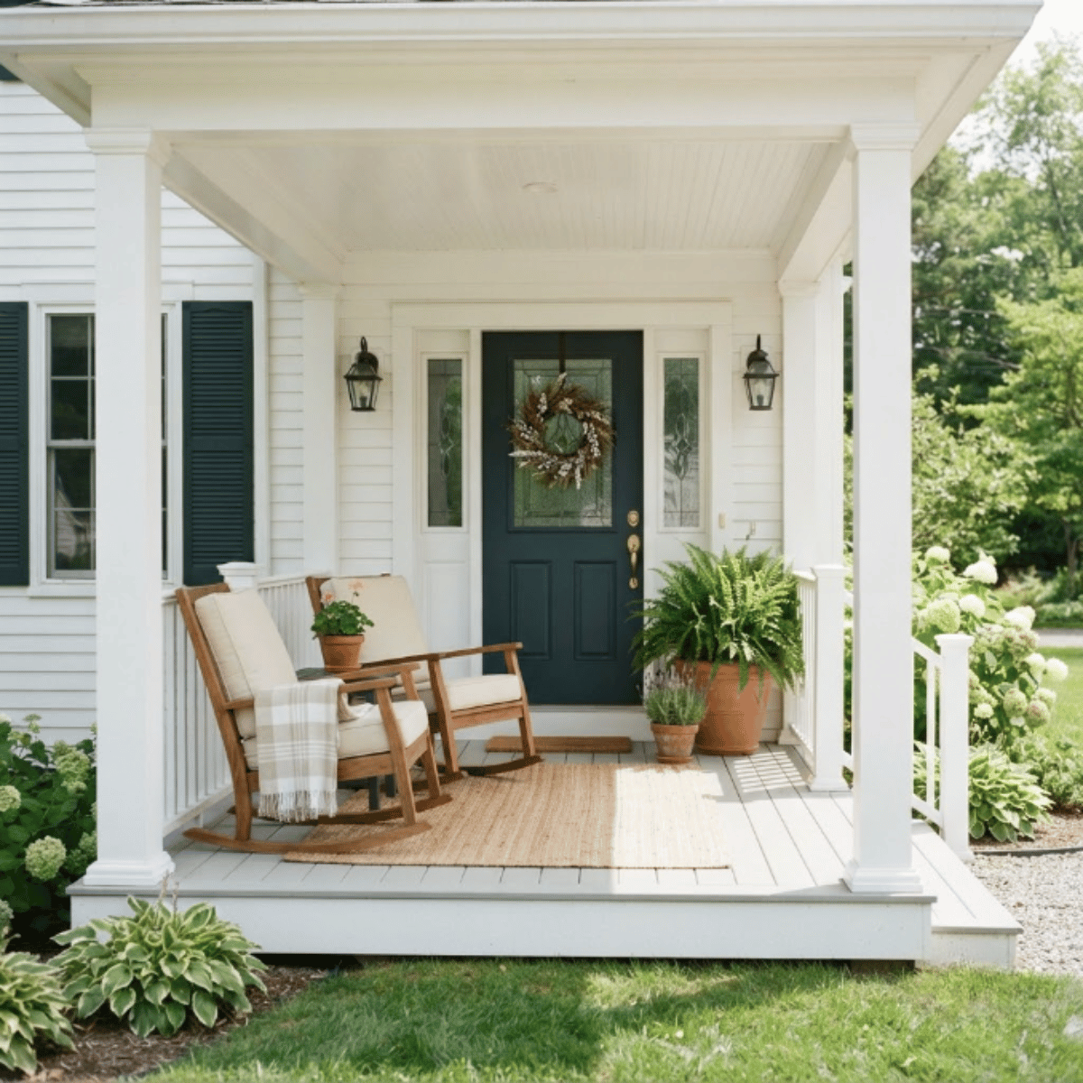 Classic white covered porch with rocking chairs, plants, and welcoming entryway details for homes