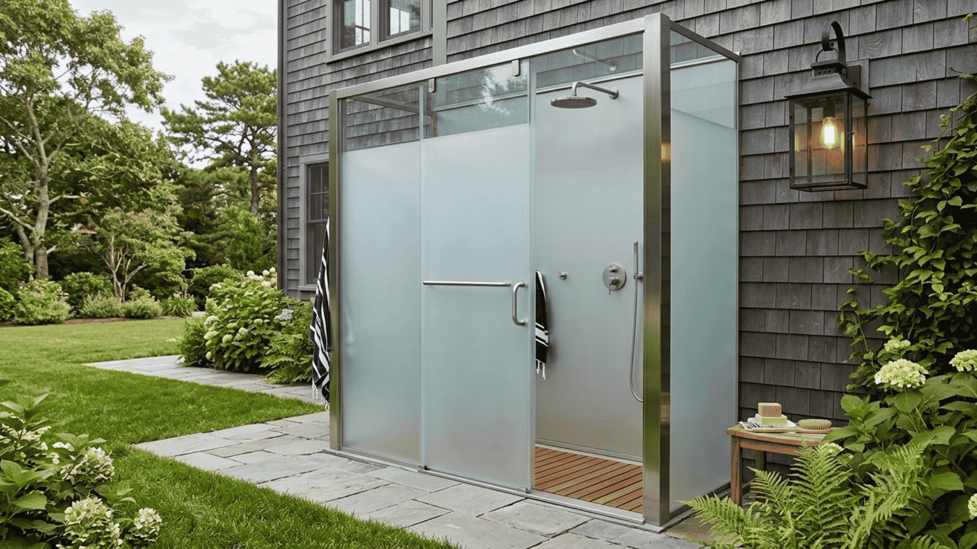 Modern outdoor shower enclosure with frosted glass walls, wooden floor, garden landscaping, and house exterior.