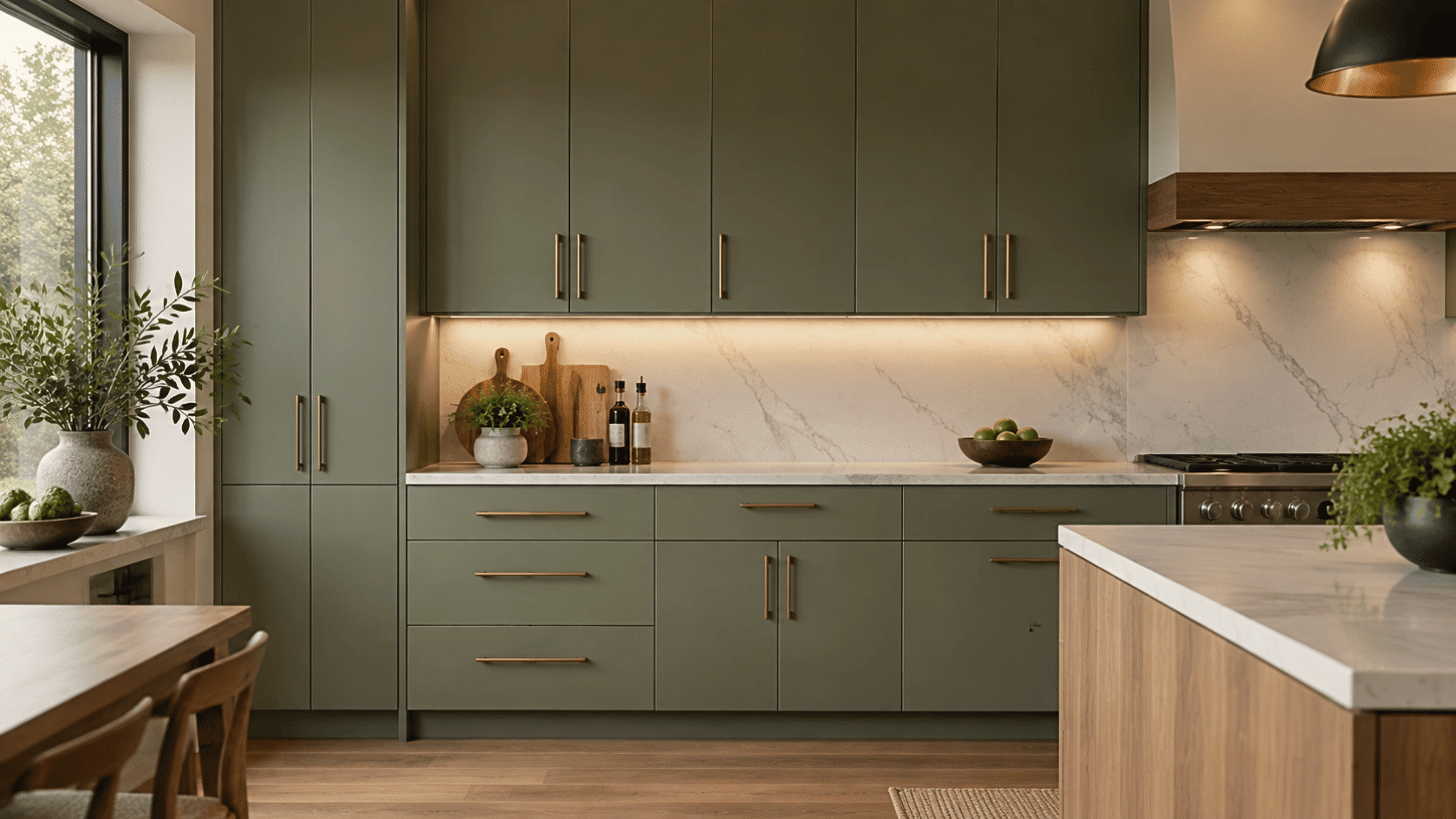 Modern sage kitchen with full overlay cabinets, marble counters, and seamless doors creating a clean contemporary layout