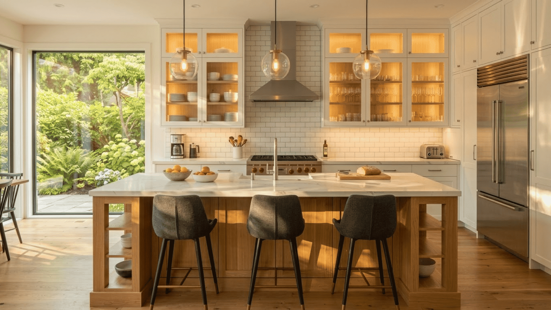 White kitchen cabinet doors with glass panels, island, pendant lights, and stainless steel refrigerator