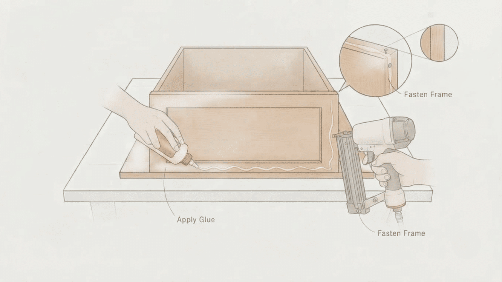 Glue and clamps secure the assembled frame, a key step in building sturdy face-frame cabinets.