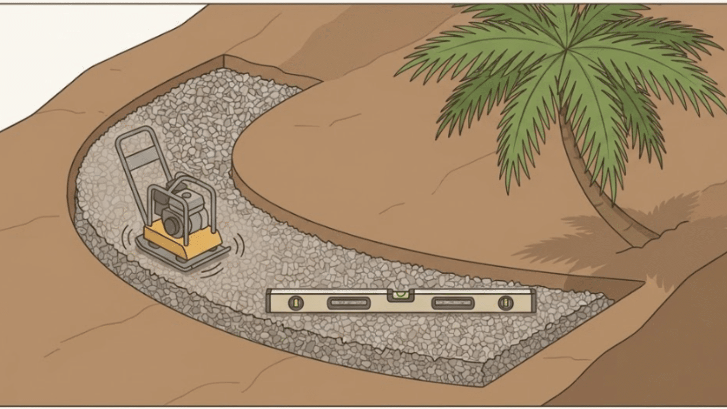 Crushed gravel spread and compacted to create a level retaining wall foundation base