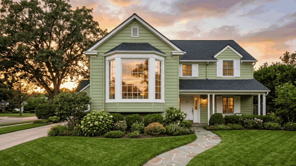 green house exterior with a large bay window, landscaped yard, and front walkway