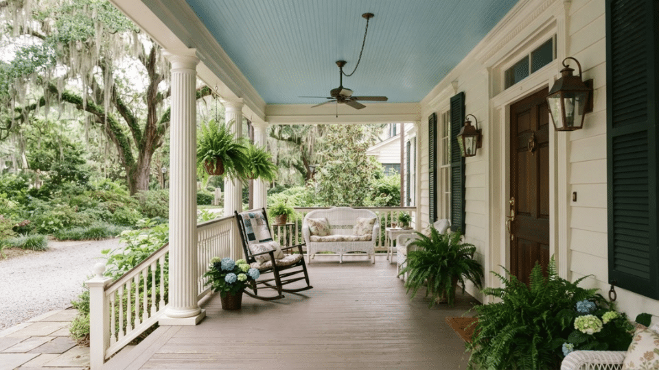 Haint blue porch ceiling adding historic charm to a traditional Southern home