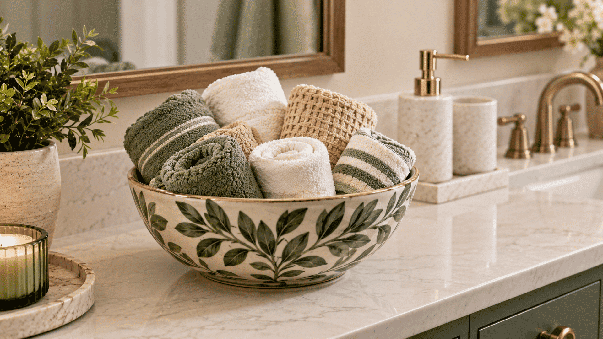 decorative ceramic bowl filled with rolled green, white, and beige hand towels on a bathroom countertop