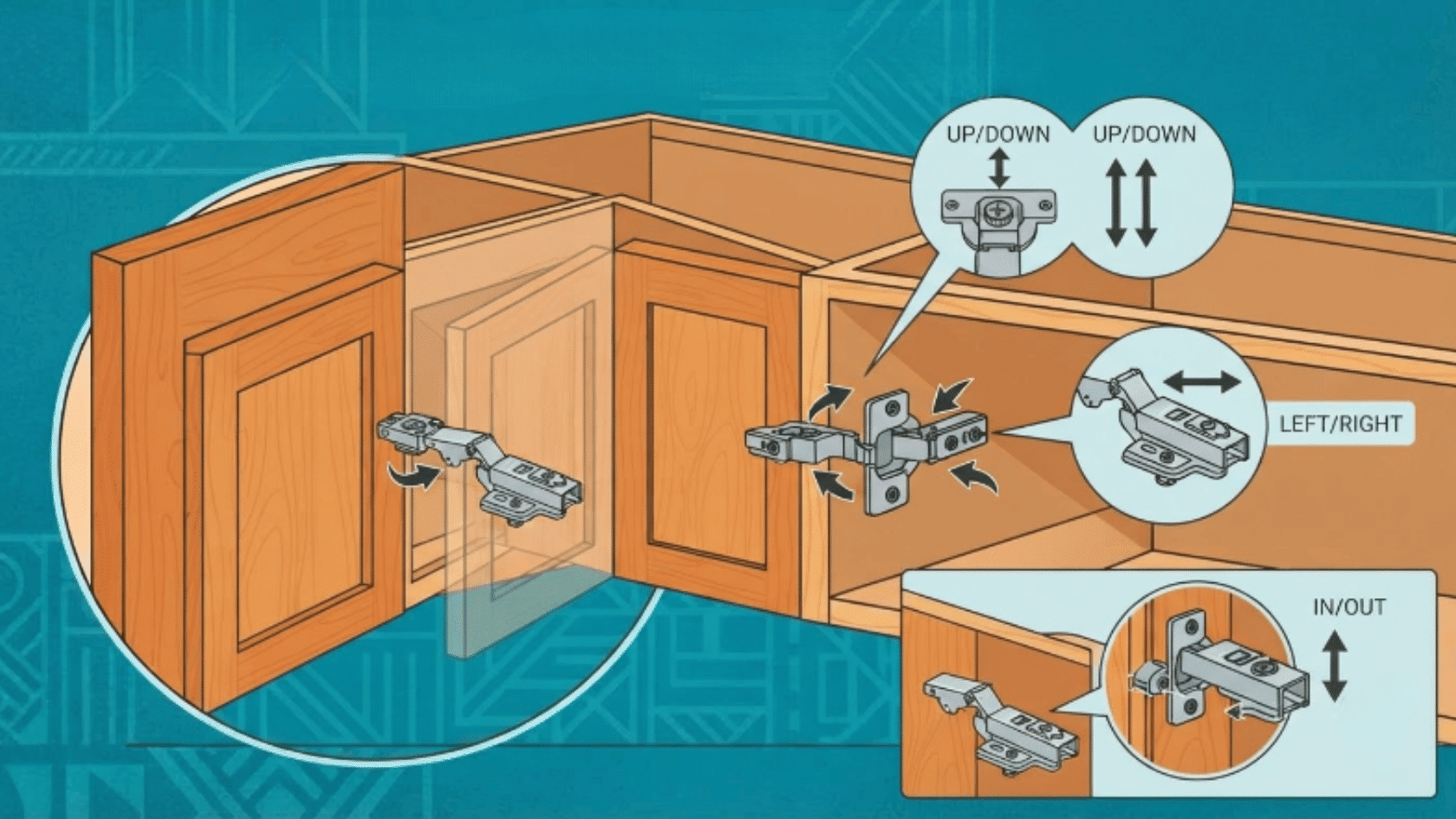 Hang and adjust full overlay cabinet doors with hinge screws for accurate fitting in full overlay cabinets.