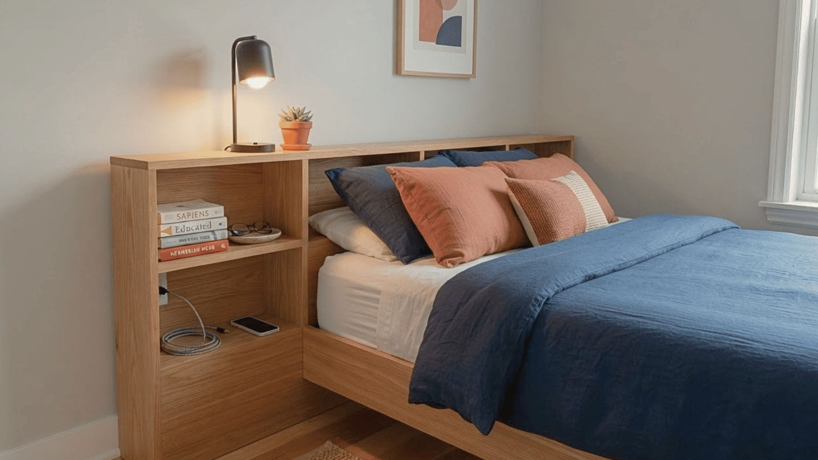 A built-in cubby headboard provides bedside compartments for books and essentials while creating smart storage in small rooms.