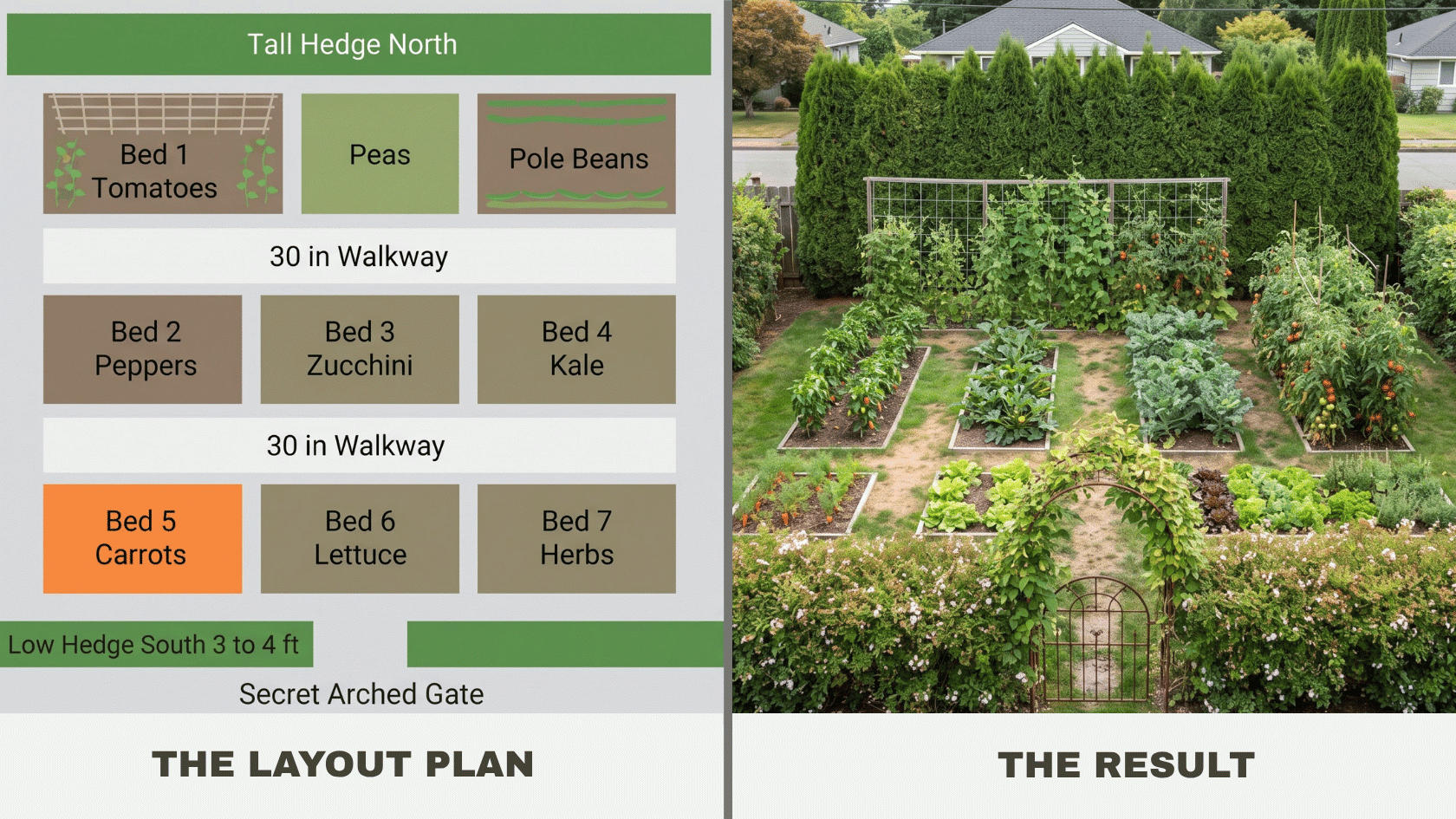 Hidden landscaping hedge vegetable garden layout diagram and real photo with beds of kale,herbs and more behind hedges