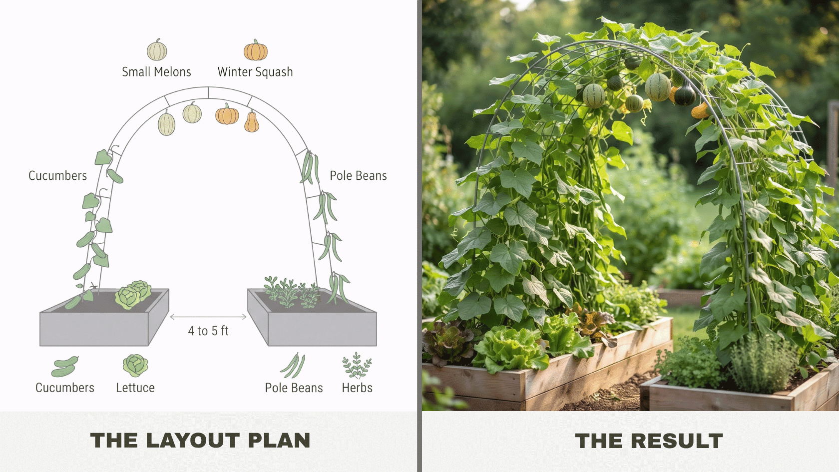 Vertical archway vegetable garden layout plan and real photo with cucumbers, pole beans, and squash climbing a wire arch