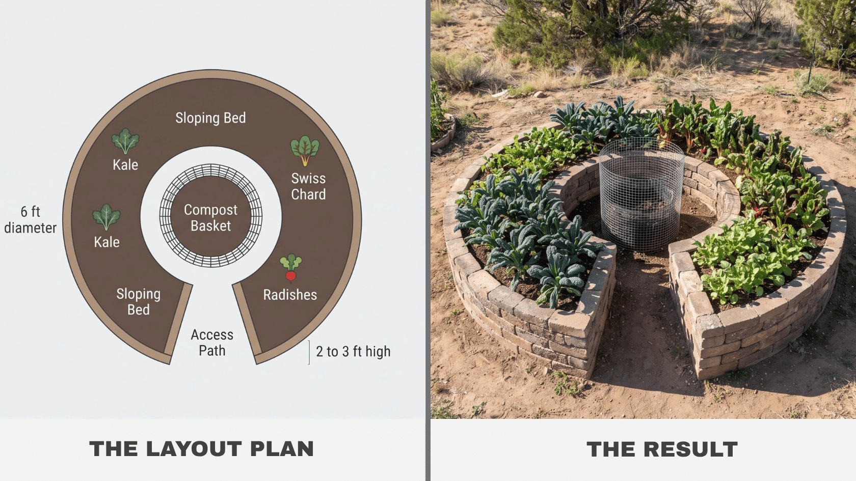 Homestead keyhole vegetable garden layout diagram and real photo showing a circular bed with a central compost basket and kale