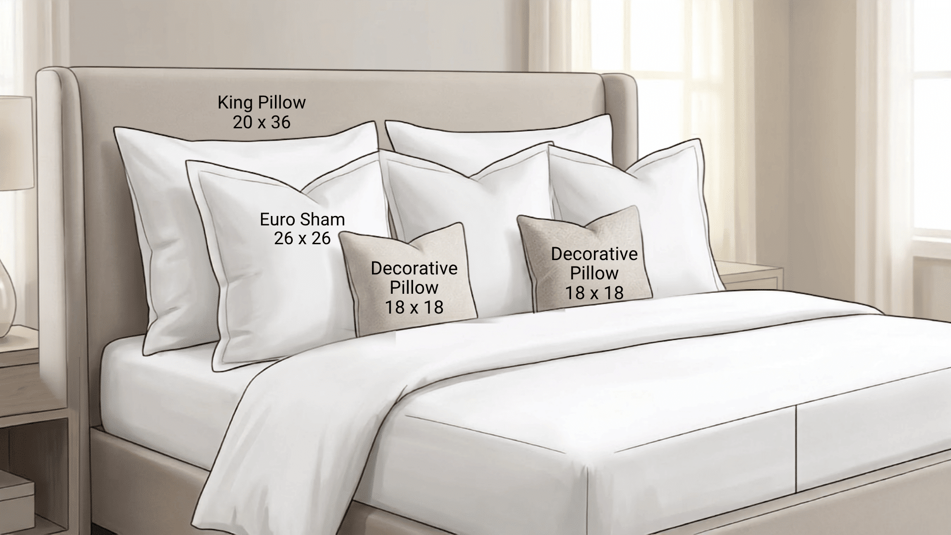 hotel-style bed pillow arrangement with king pillows, Euro shams, and decorative pillows