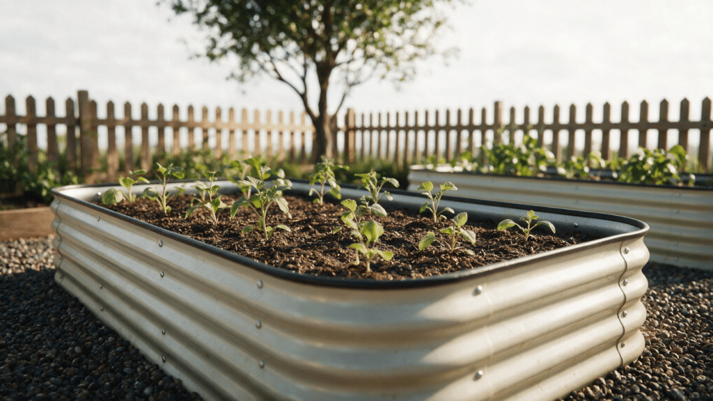 Raised metal garden bed with seedlings planted in a rich top growing soil layer