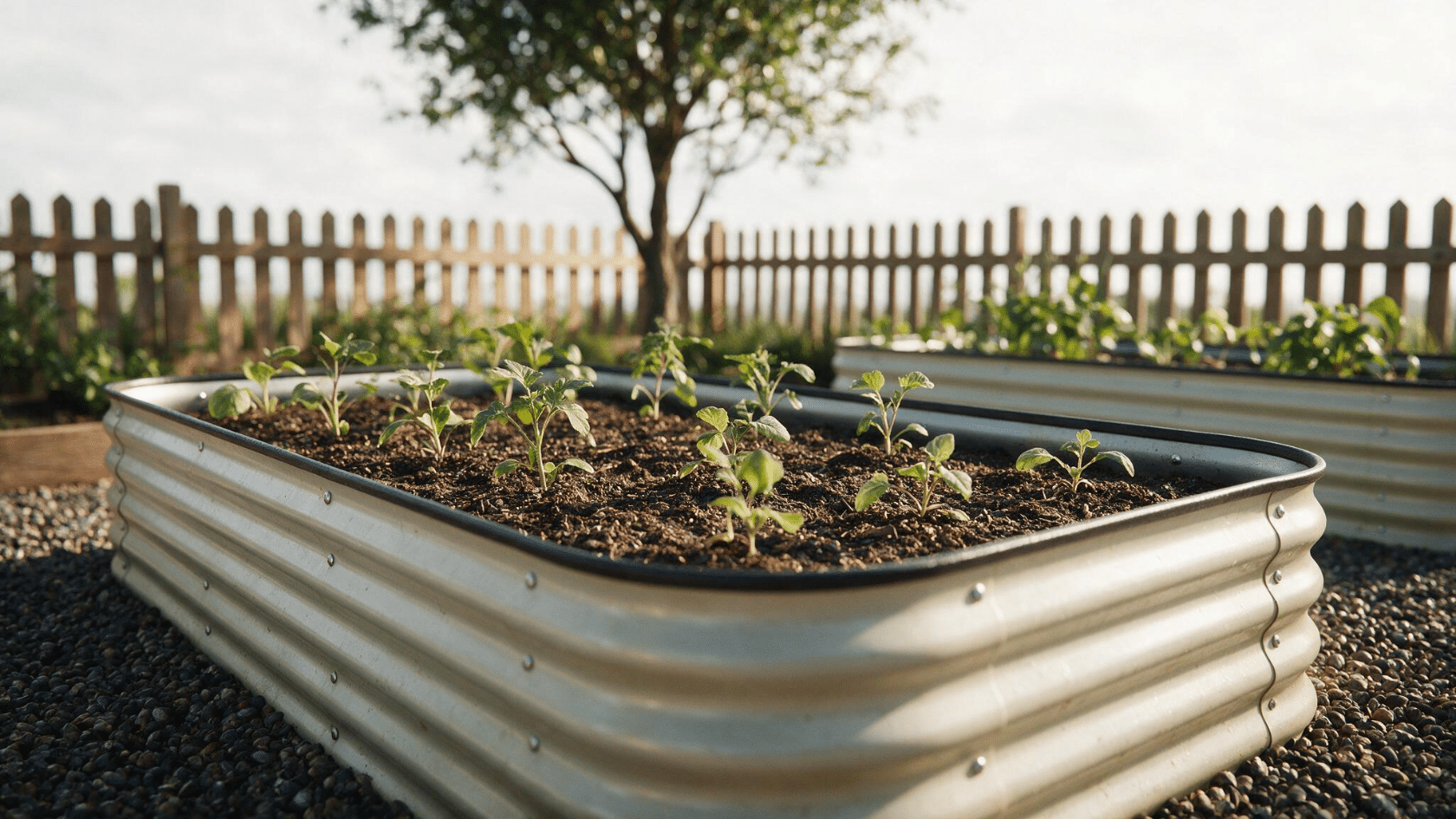 Raised metal garden bed with seedlings planted in a rich top growing soil layer