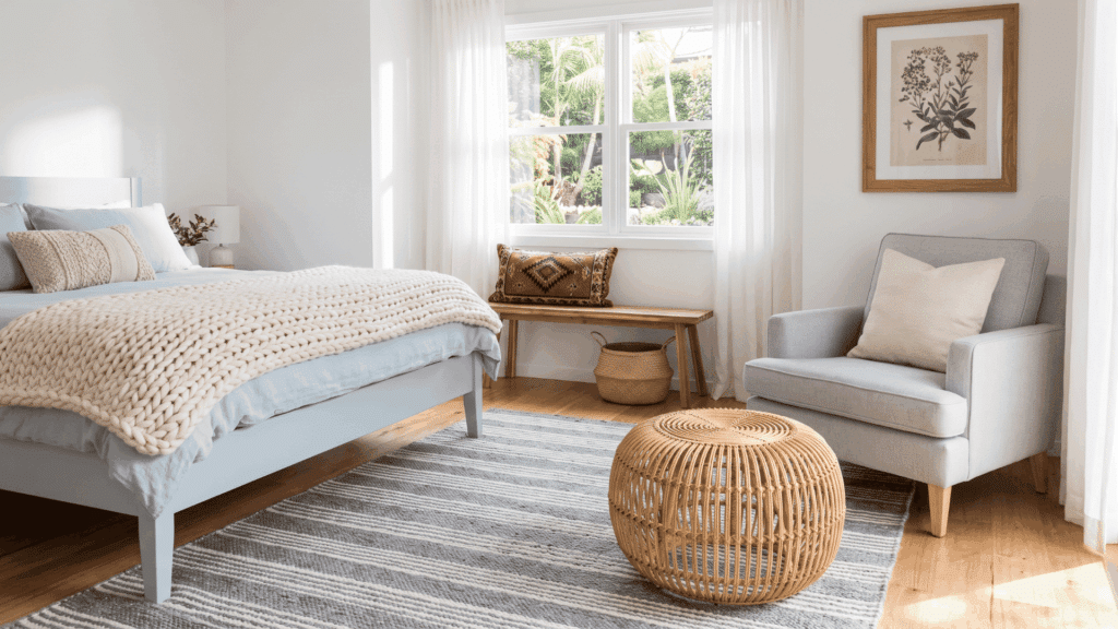 Bright, airy bedroom with soft neutrals and natural light, essential for a small room looking bigger.