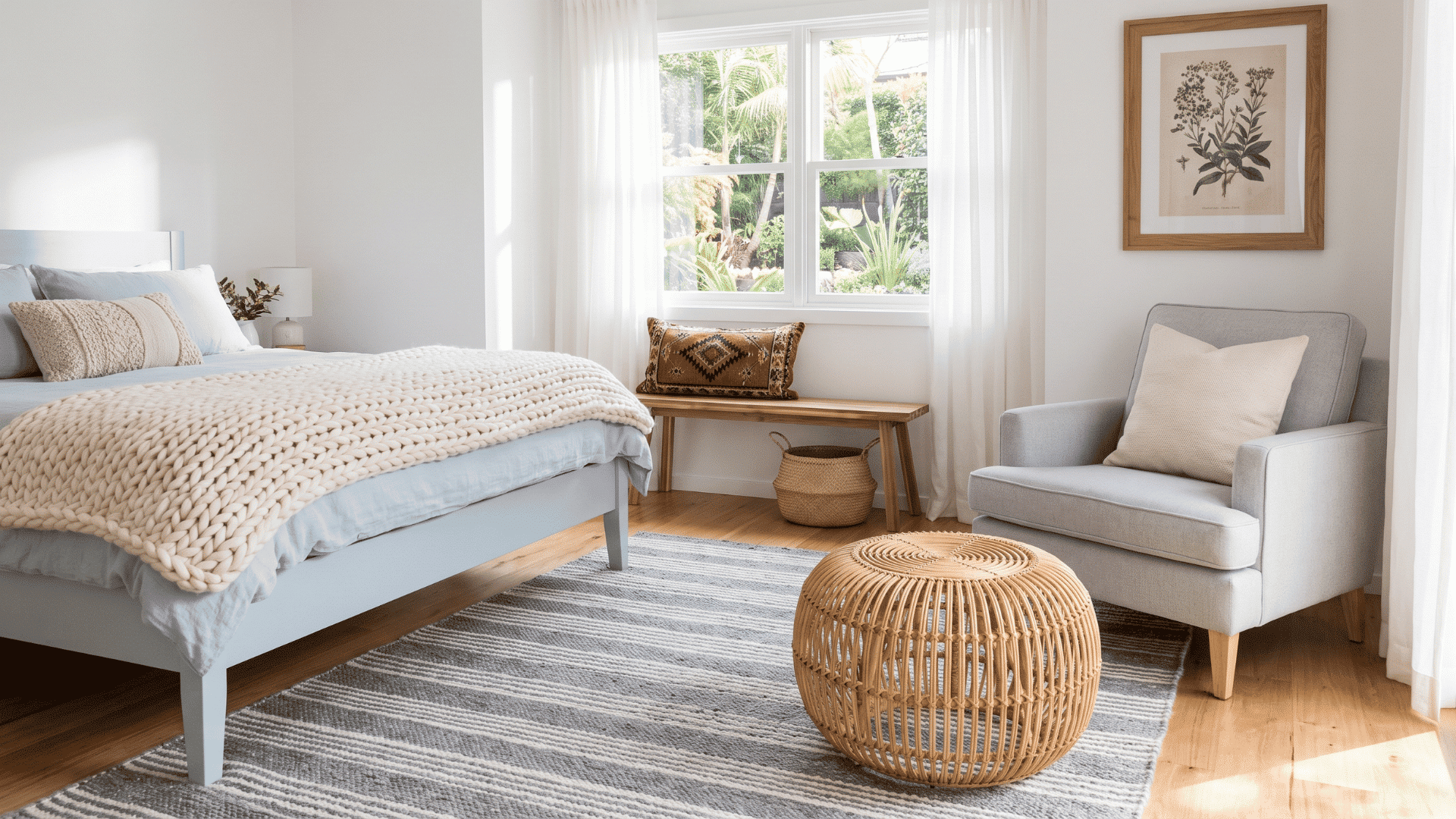 Bright, airy bedroom with soft neutrals and natural light, essential for a small room looking bigger.