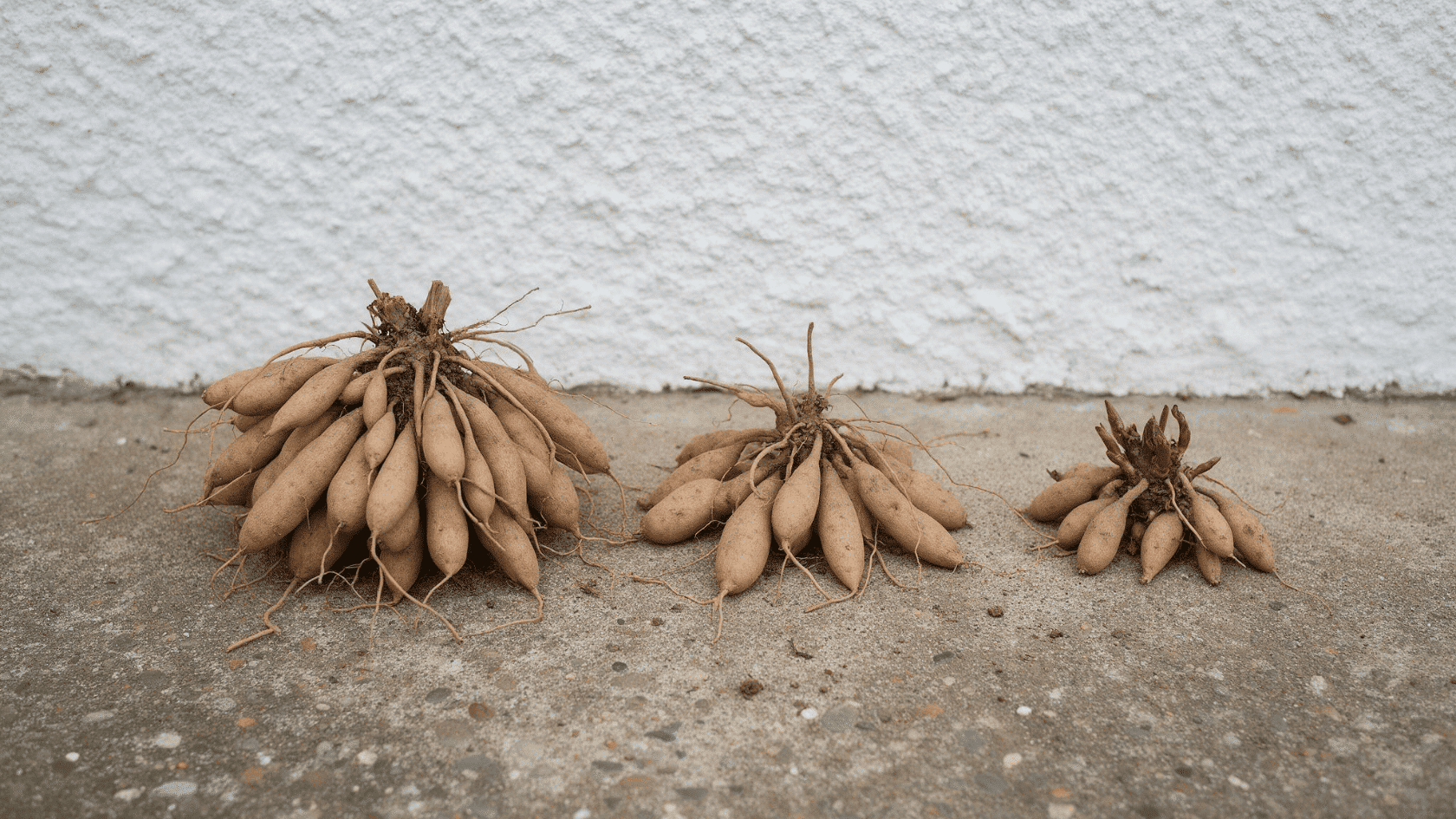 how to store dahlia tubers shown with three freshly dug tuber clumps in different sizes