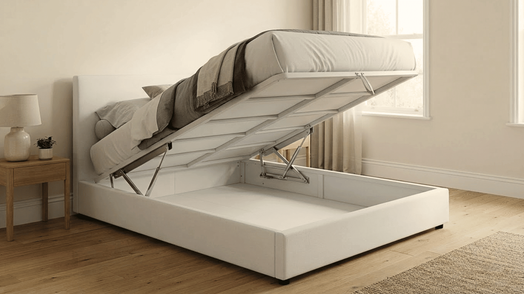 A hydraulic lift up storage bed showing hidden under-bed space, one of the practical small bedroom storage ideas for bulky items.