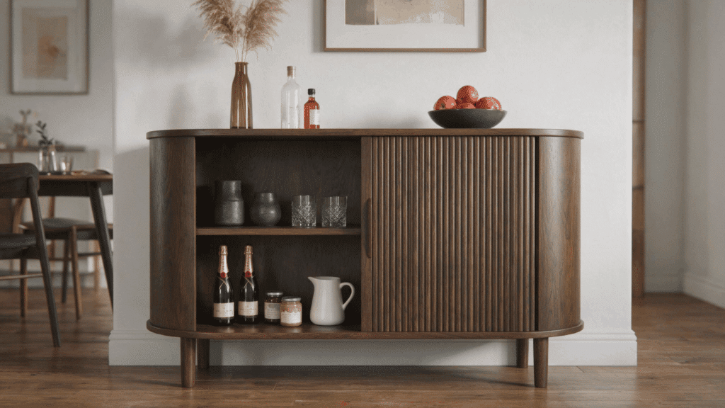 dark wood curved sideboard styled as an IKEA bar cabinet hack with fluted doors, open shelving, and bottles