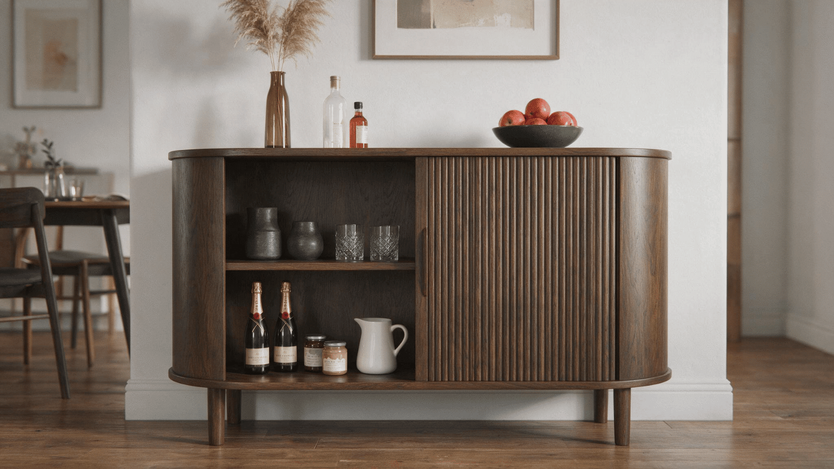 dark wood curved sideboard styled as an IKEA bar cabinet hack with fluted doors, open shelving, and bottles