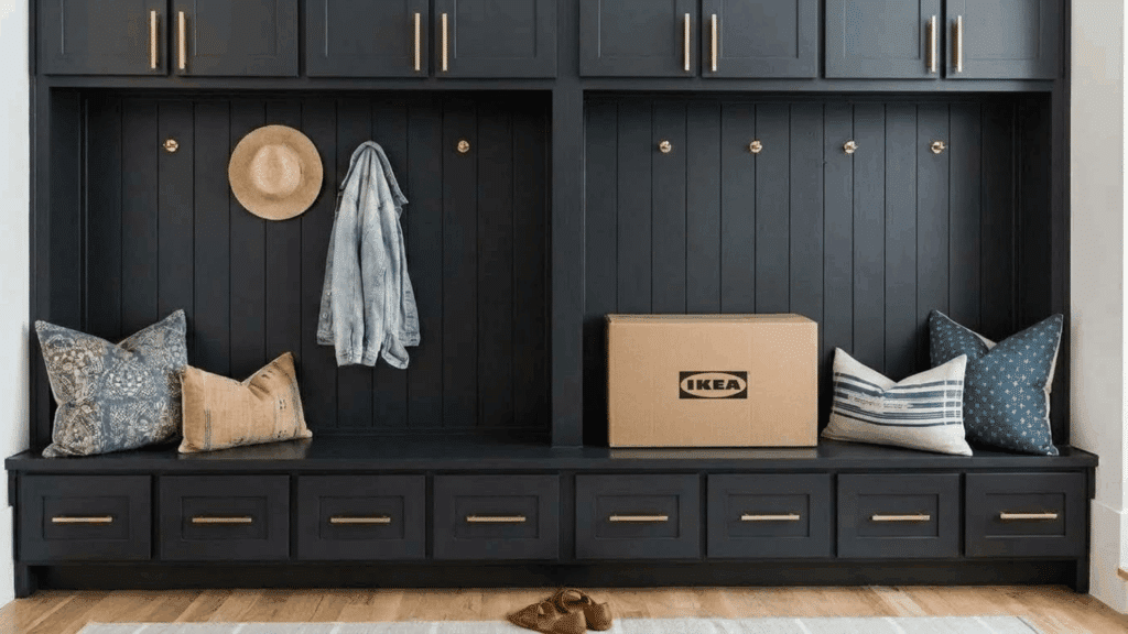 Black IKEA mudroom bench with storage cabinets, hooks, cushions, and a package.