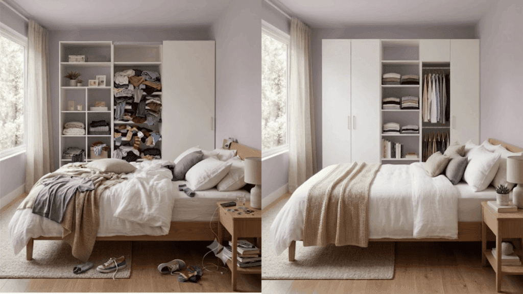 IKEA Pax hack showing a custom wardrobe transformation with organized clothes and smart storage ideas