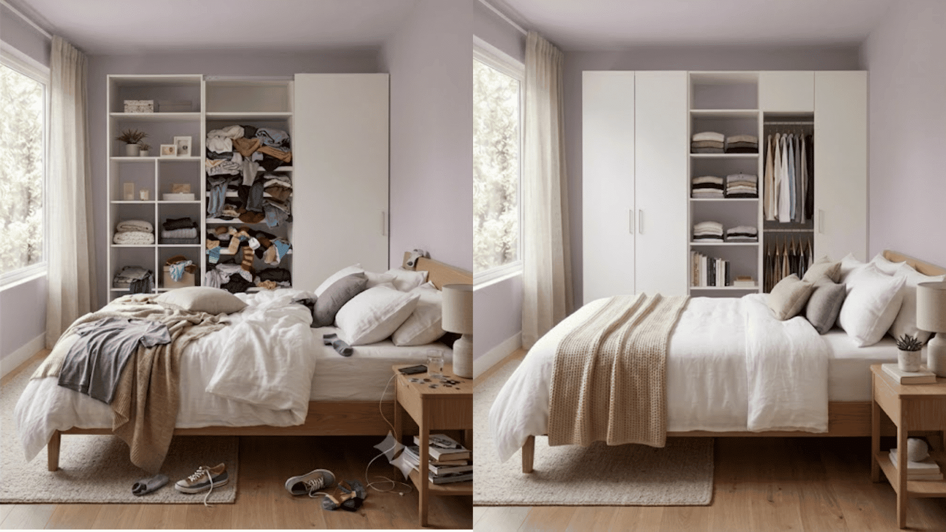 IKEA Pax hack showing a custom wardrobe transformation with organized clothes and smart storage ideas