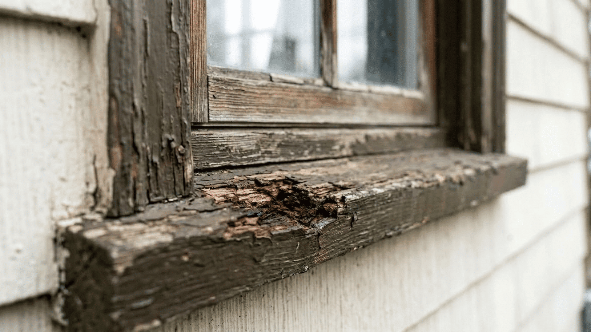 Close-up view of a damaged wooden window sill with peeling paint and weathered wood.