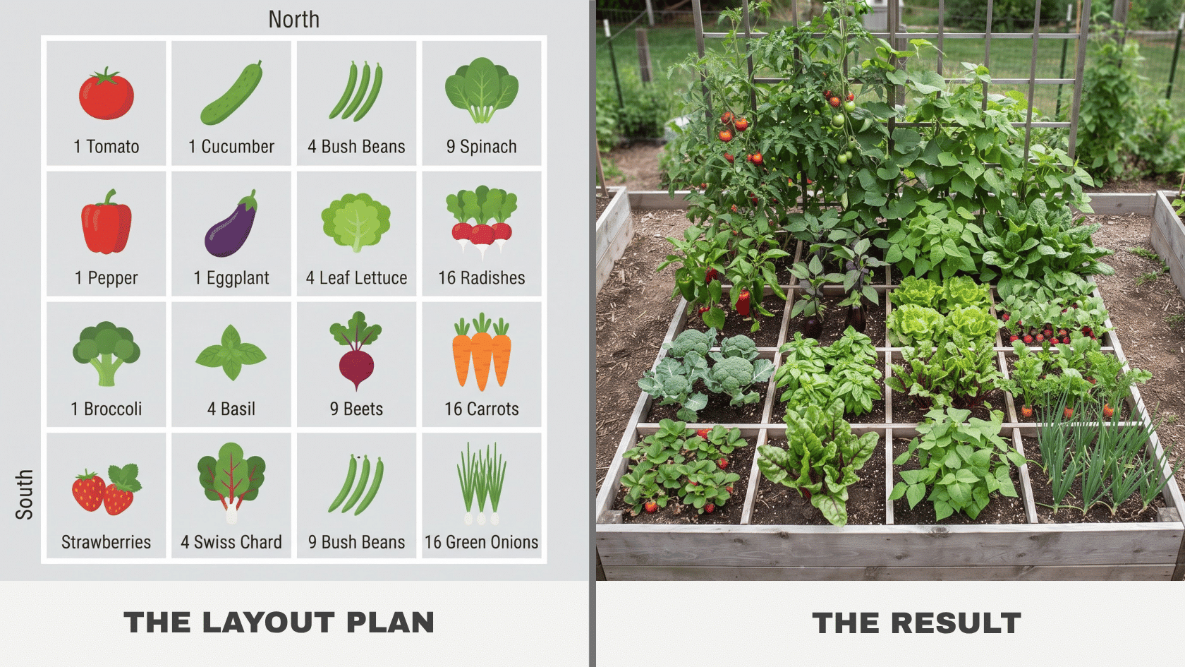 Square foot grid vegetable garden layout plan and real photo with a grid bed growing tomatoes, carrots, and fresh lettuce