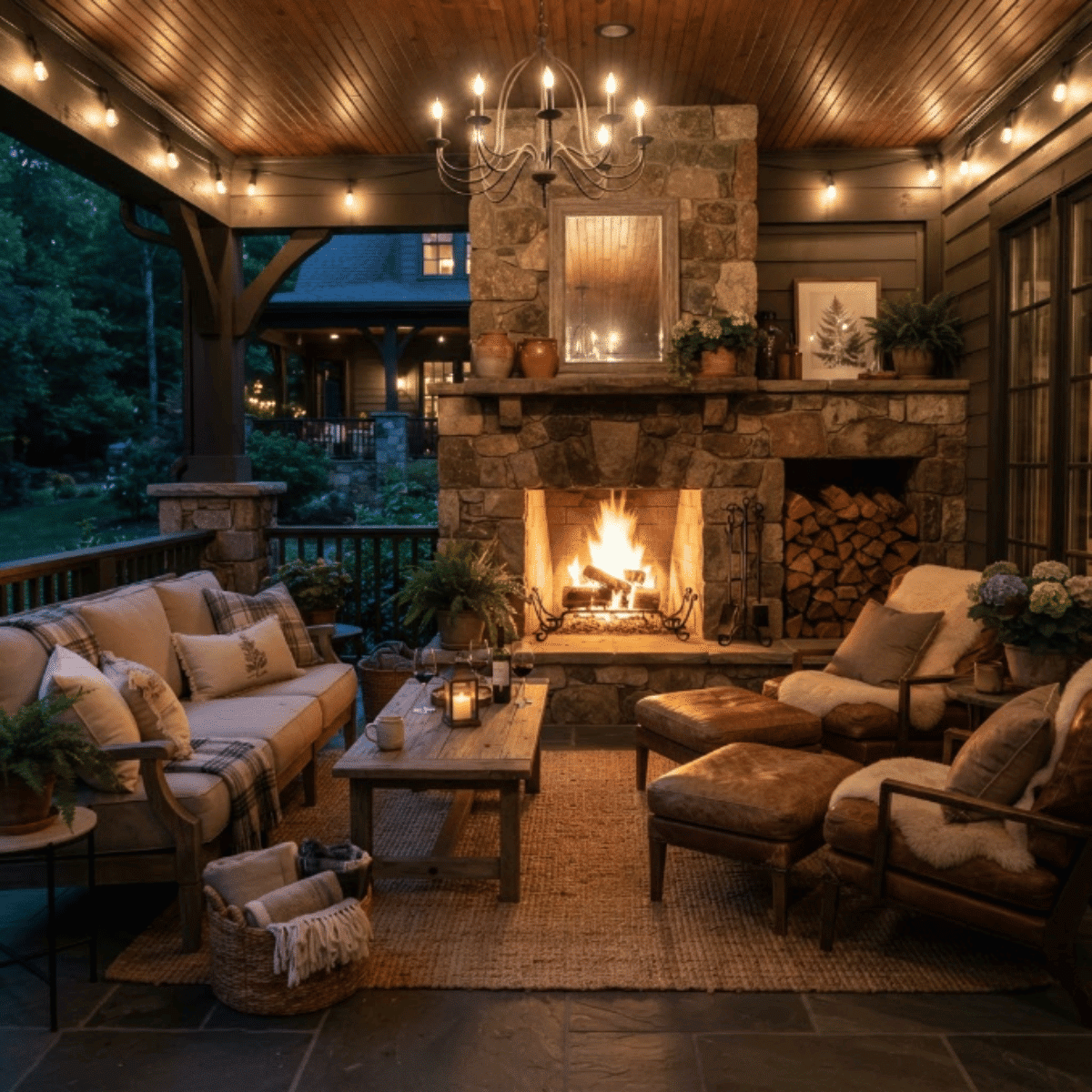Covered porch with stone fireplace, lounge seating, and cozy outdoor gathering area