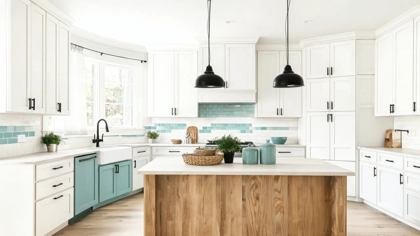 Modern farmhouse kitchen with Shaker cabinets, natural wood island, turquoise accents, and black hardware