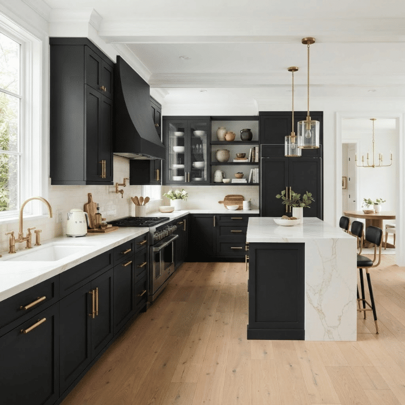 knurled brass hardware on black cabinets