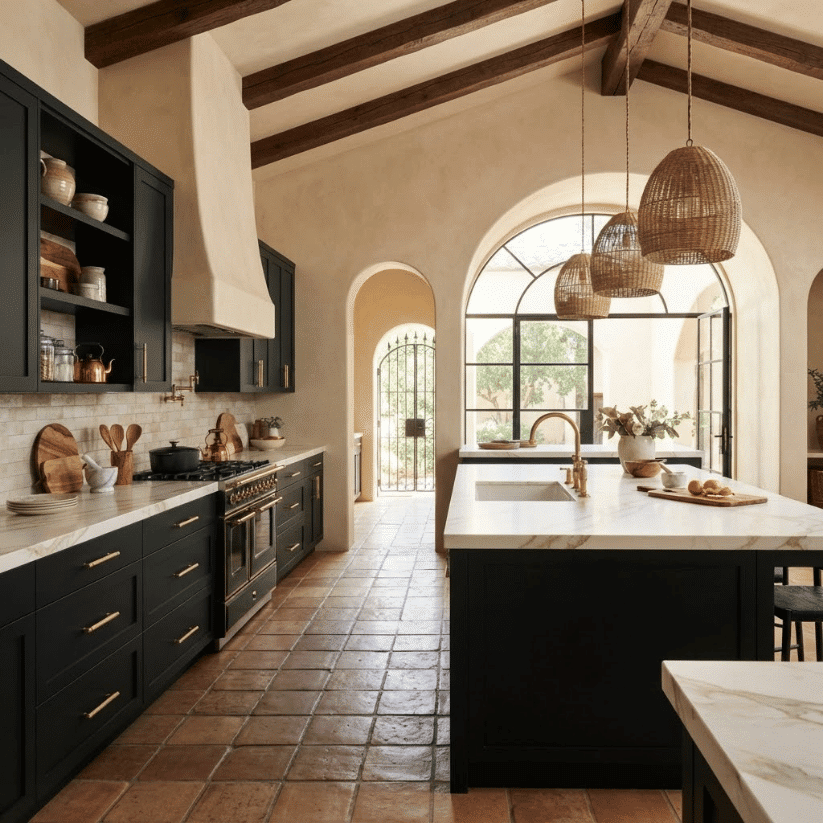 knurled brass hardware on black cabinets
