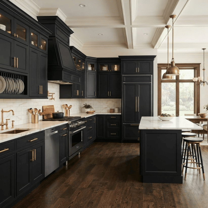 knurled brass hardware on black cabinets